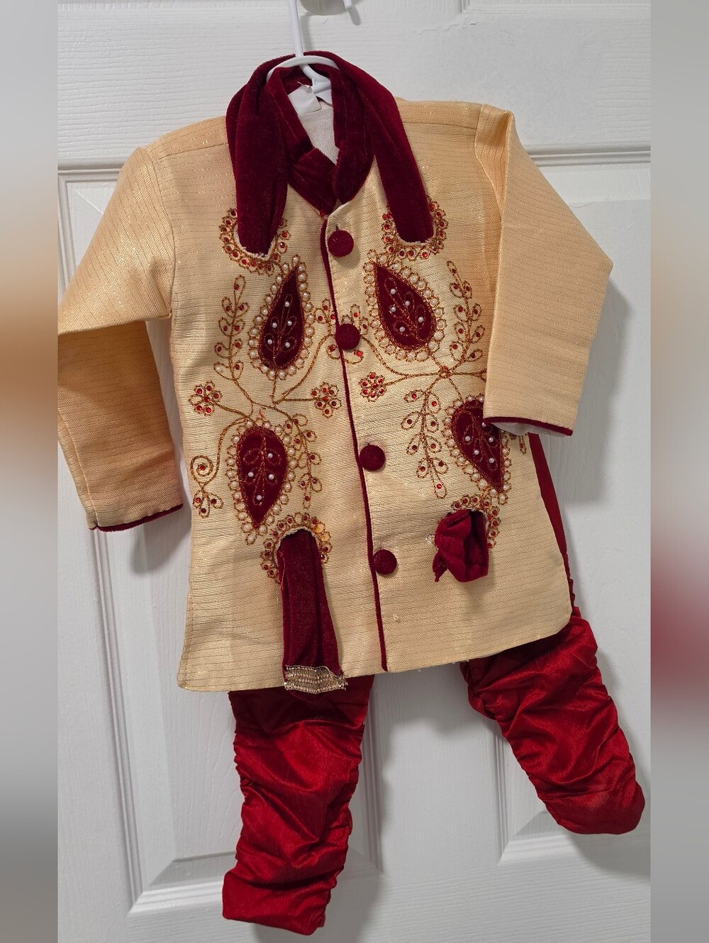 Khaki and Burgandy Embroidered Kurta Set
